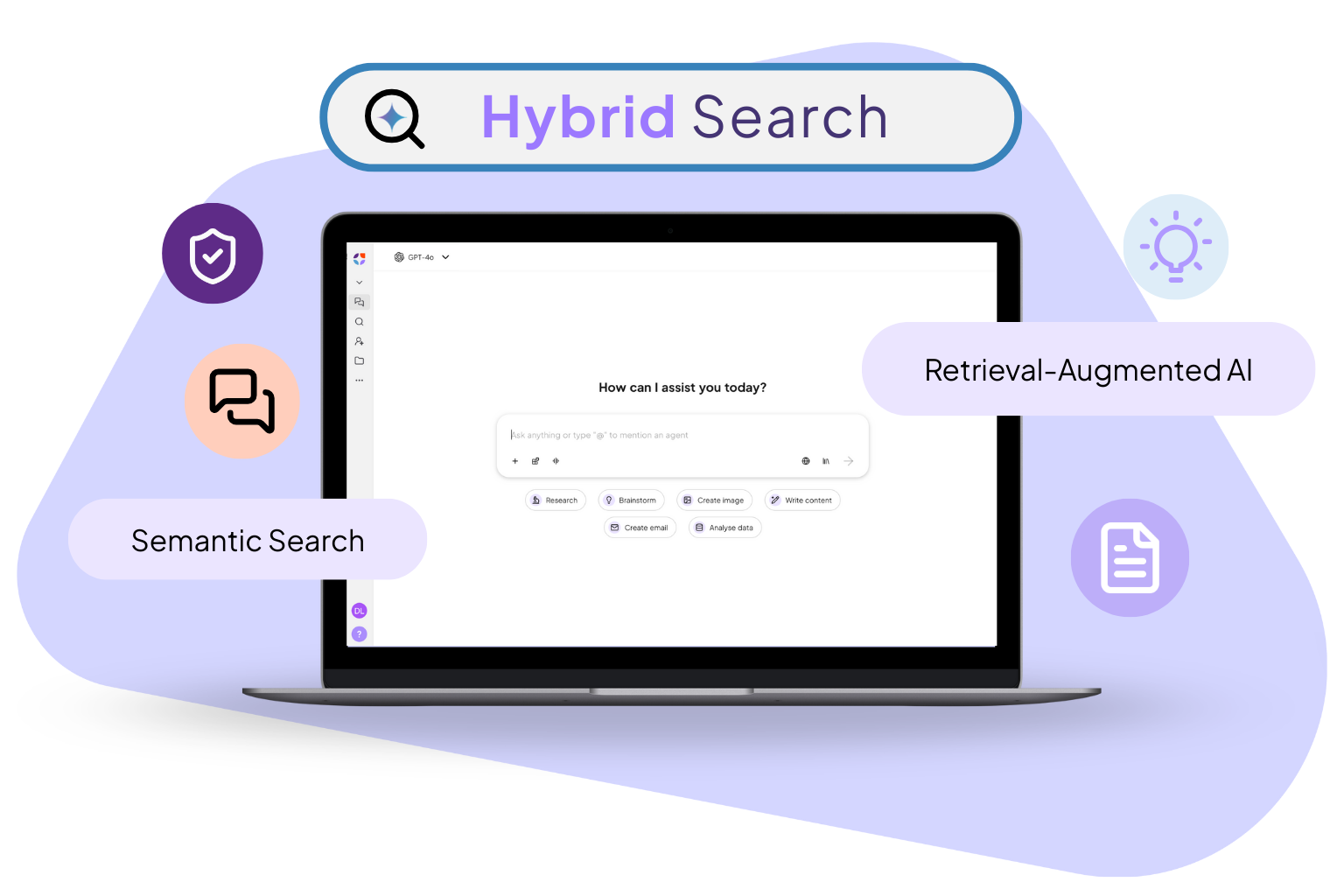 Laptop-Bildschirm mit nuwacom-Produkt und Hybrid Search-Titel im oberen Bereich